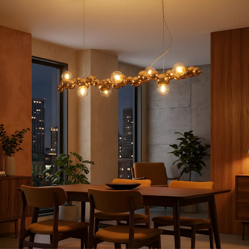 LED-Pendelleuchte aus goldenem Metall mit Blasenglas – Citrona