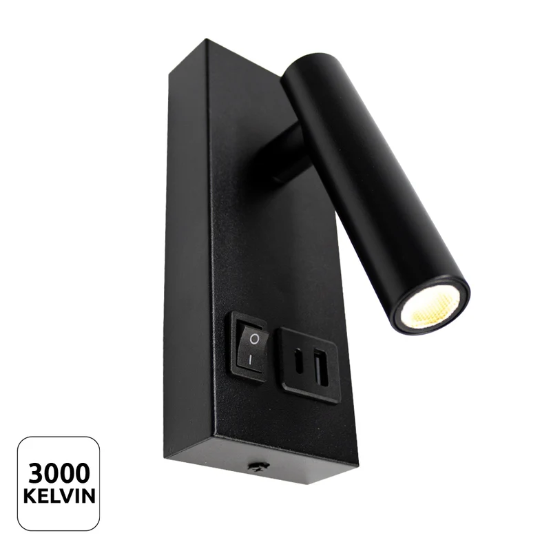 LED Wandleuchte - Nachttischlampe mit USB+C Anschluss und Schalter | Schwarz | 2W | 140 Lumen | Nicht dimmbar