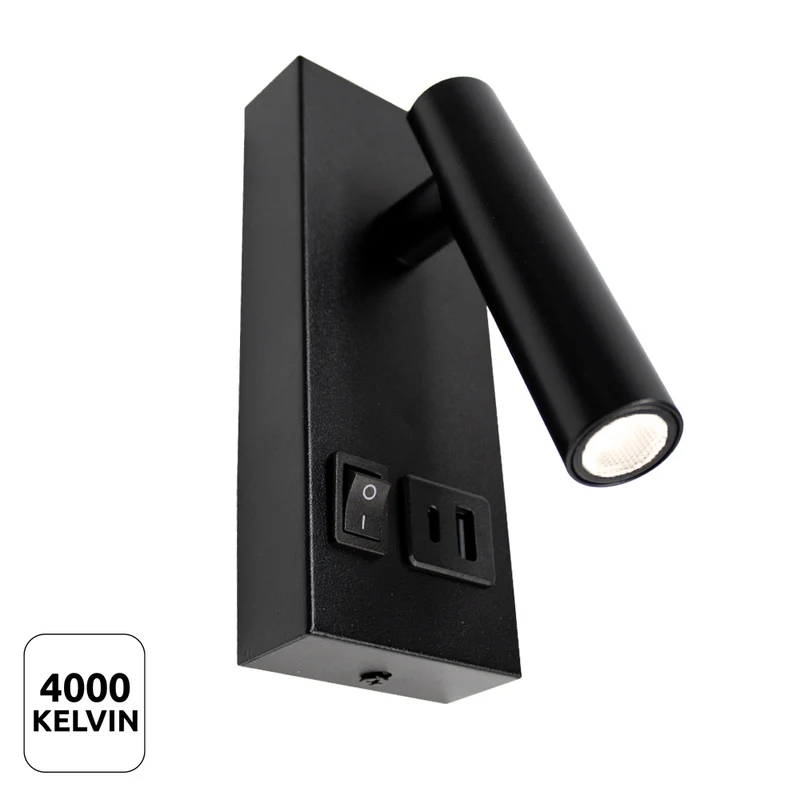 LED Wandleuchte - Nachttischlampe mit USB+C Anschluss und Schalter | Schwarz | 2W | 140 Lumen | Nicht dimmbar