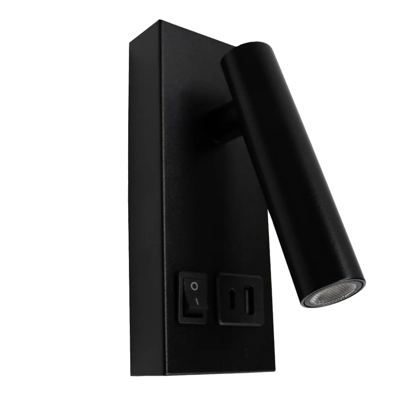 LED Wandleuchte - Nachttischlampe mit USB+C Anschluss und Schalter | Schwarz | 2W | 140 Lumen | Nicht dimmbar