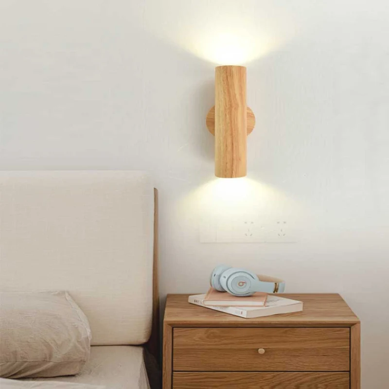 Wall Mounted Lamp LED Spotlight Nordic Rotating Tube Double Headed, Wood
