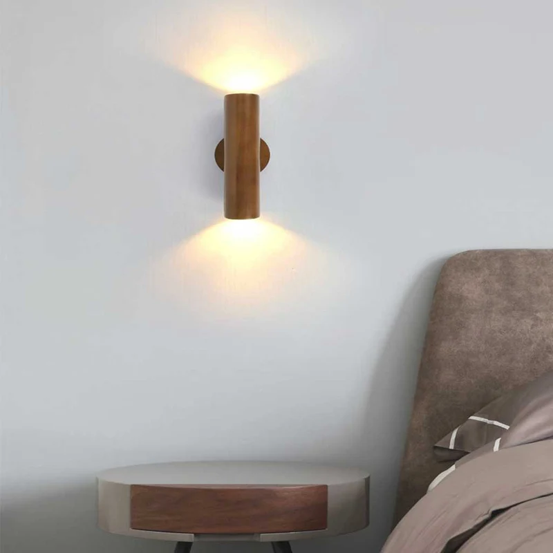 Wall Mounted Lamp LED Spotlight Nordic Rotating Tube Double Headed, Wood