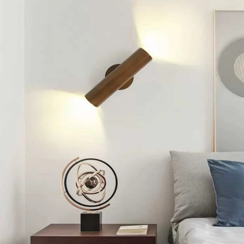 Wall Mounted Lamp LED Spotlight Nordic Rotating Tube Double Headed, Wood