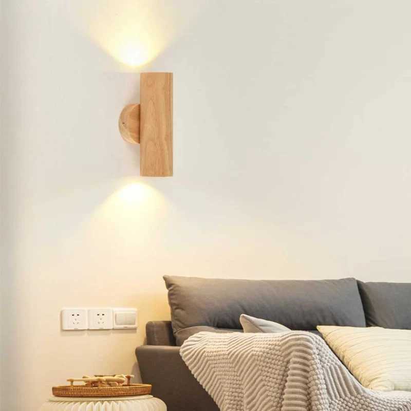 Wall Mounted Lamp LED Spotlight Nordic Rotating Tube Double Headed, Wood