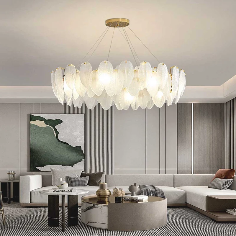 Chandelier Luxury Glass Feather Round / Rectangular, Gold&White