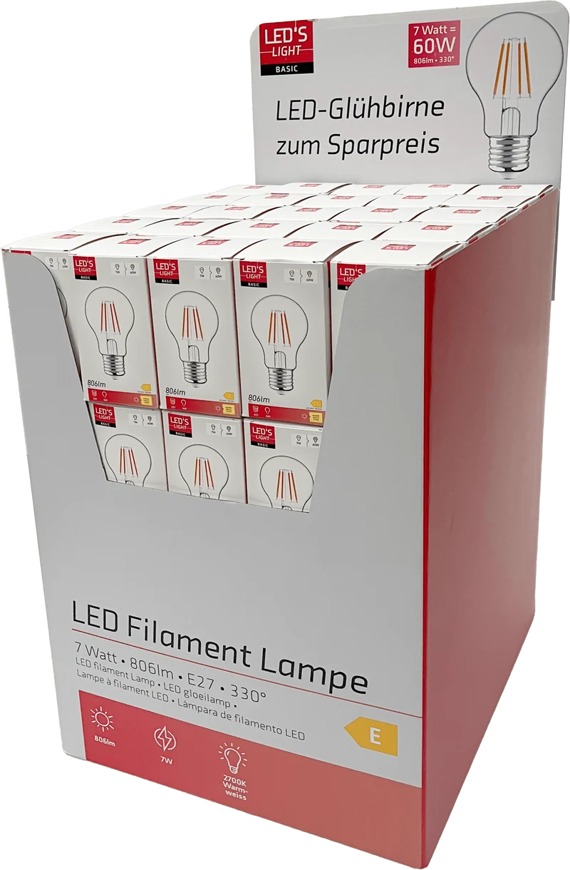 LED Filament Lampe Classic A60 E27 120° 7W 806lm 2700K warmweiß Klar - LED's Light