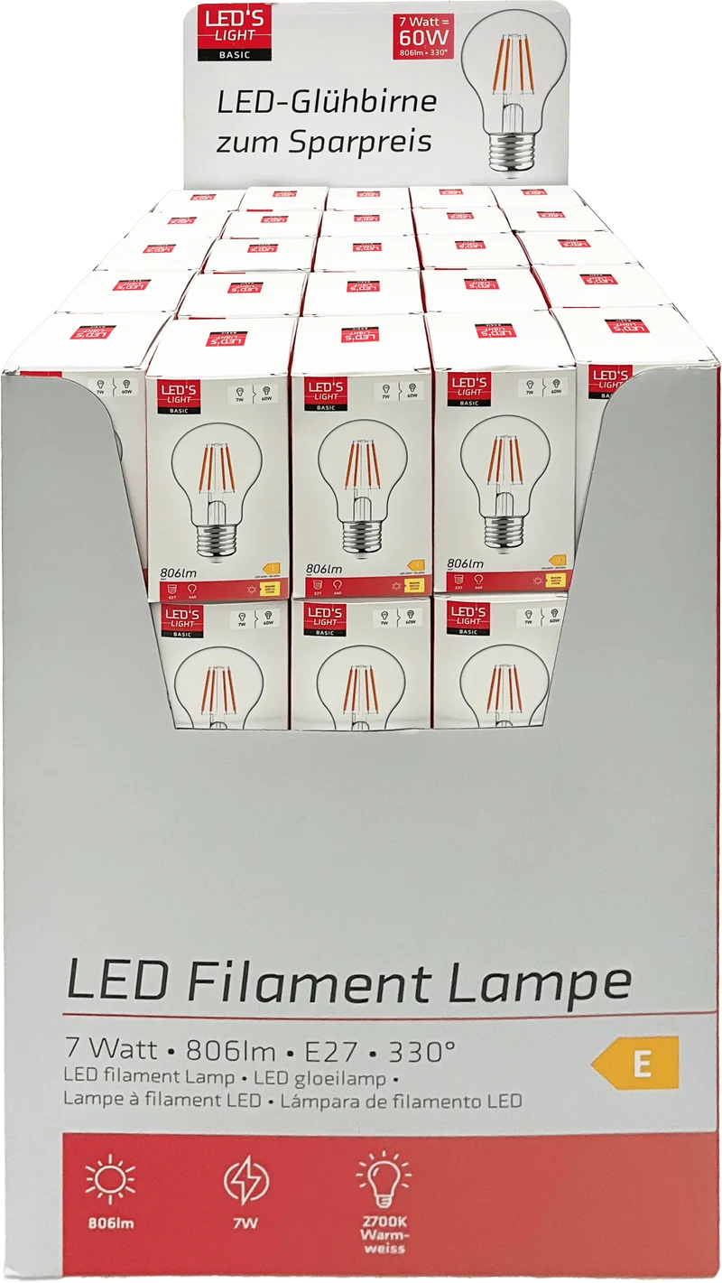 LED Filament Lampe Classic A60 E27 120° 7W 806lm 2700K warmweiß Klar - LED's Light