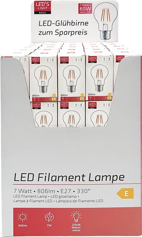 LED Filament Lampe Classic A60 E27 120° 7W 806lm 2700K warmweiß Klar - LED's Light