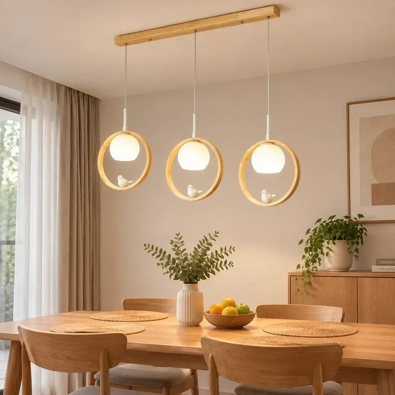 Skandinavische LED-Pendelleuchte aus Holz in Ringform für das Esszimmer