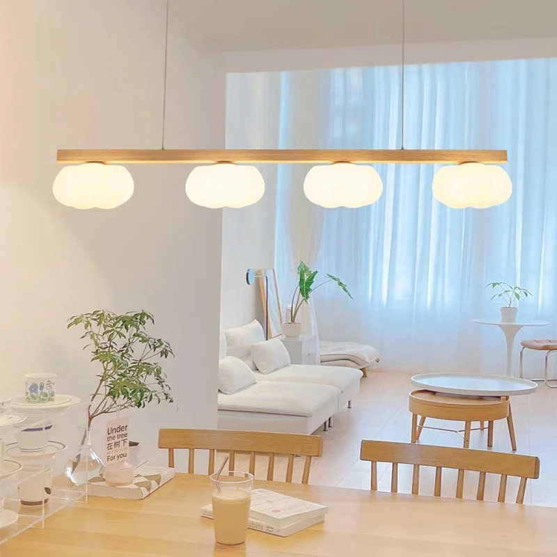 Chandelier Pendant Light Wood Modern Unique Cream Cotton, Multi Lights