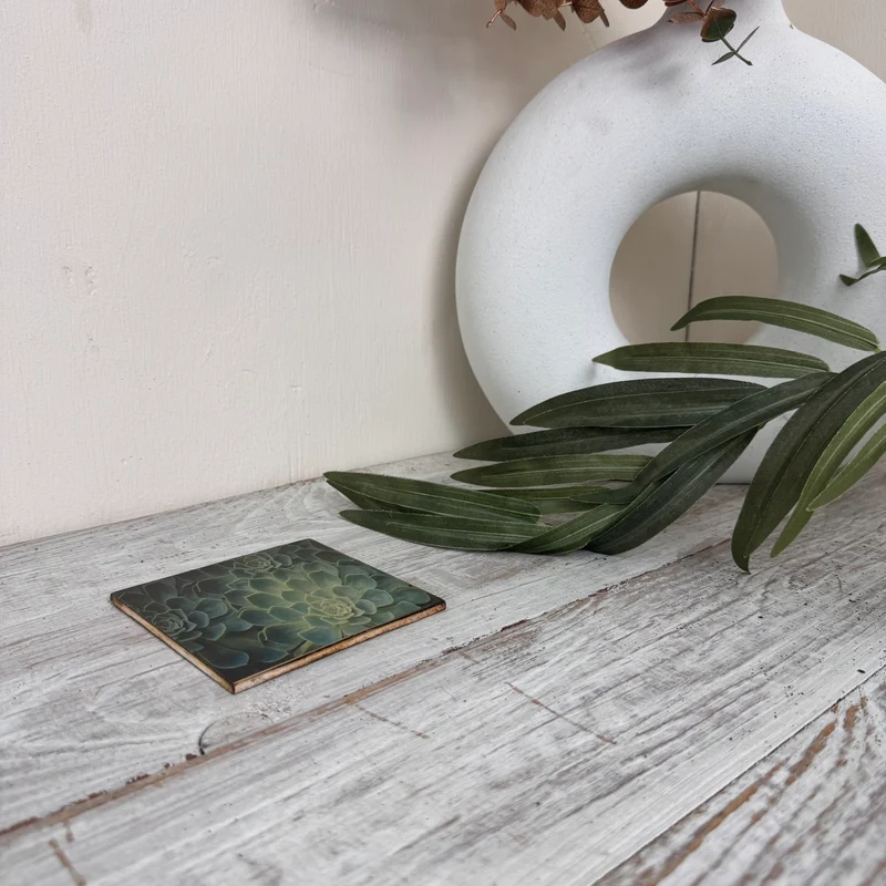 Untersetzer Sukkulente Echeveria Holz Quadratisch 10x10 Deko Küchenbedarf