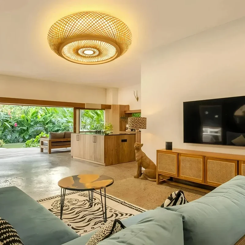 Runde Bambus-Deckenleuchte im Japandi-Stil für das Esszimmer
