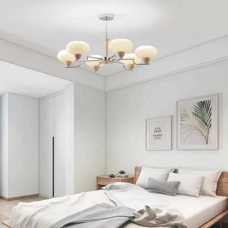 Chandelier Persimmon Chic Bauhaus French Cream Style, Wood & Glass