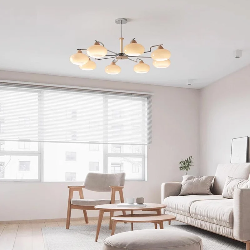 Chandelier Persimmon Chic Bauhaus French Cream Style, Wood & Glass