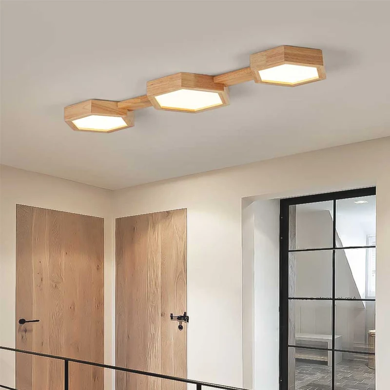 Ceiling Light Flush Mount Modern Hexagon Japanese Style, Wood & Acrylic