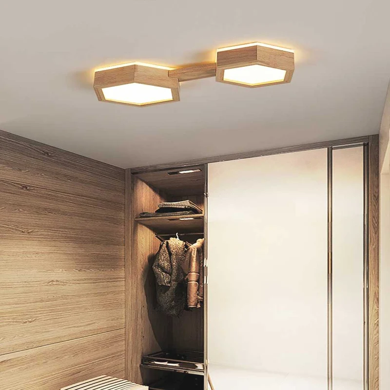 Ceiling Light Flush Mount Modern Hexagon Japanese Style, Wood & Acrylic