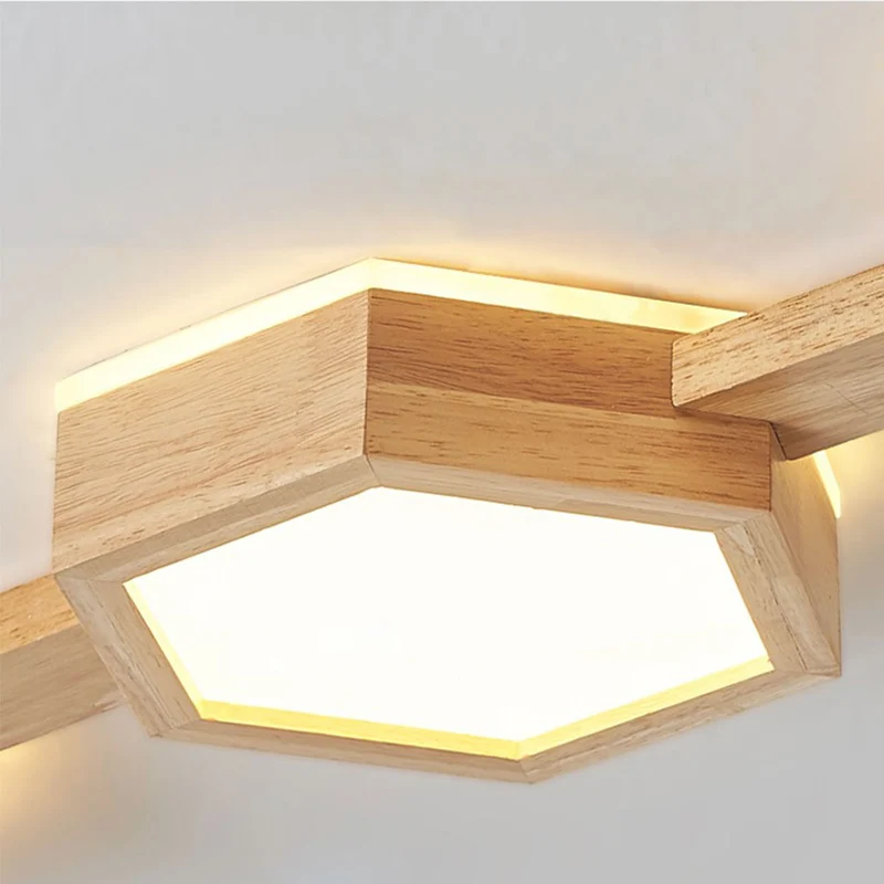 Ceiling Light Flush Mount Modern Hexagon Japanese Style, Wood & Acrylic