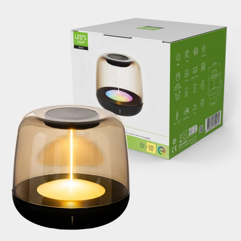 LED-Tischlampe mit Akku 2700K Warmweiß & RGB – Touch-Dimmer, USB-C, IP44, Rauchglas – Stimmungslicht für Innen & Außen - LED's Light