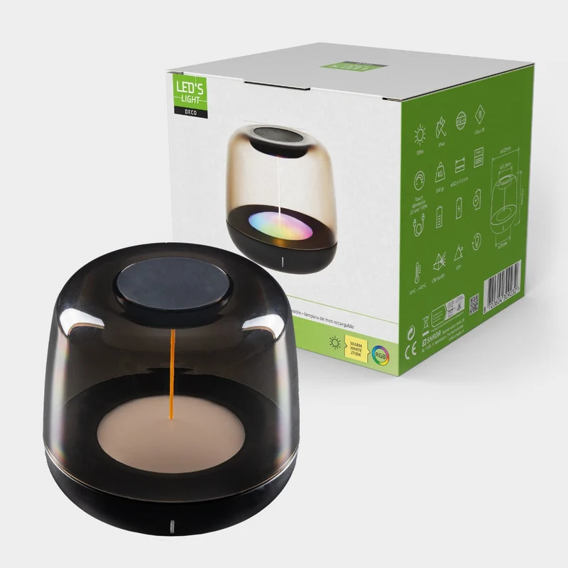 LED-Tischlampe mit Akku 2700K Warmweiß & RGB – Touch-Dimmer, USB-C, IP44, Rauchglas – Stimmungslicht für Innen & Außen - LED's Light