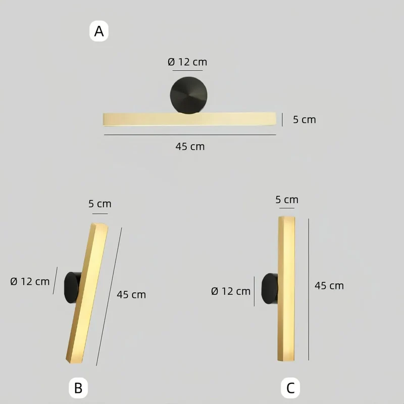 Moderne lange Wandleuchte in Schwarz-Gold für den Innenbereich