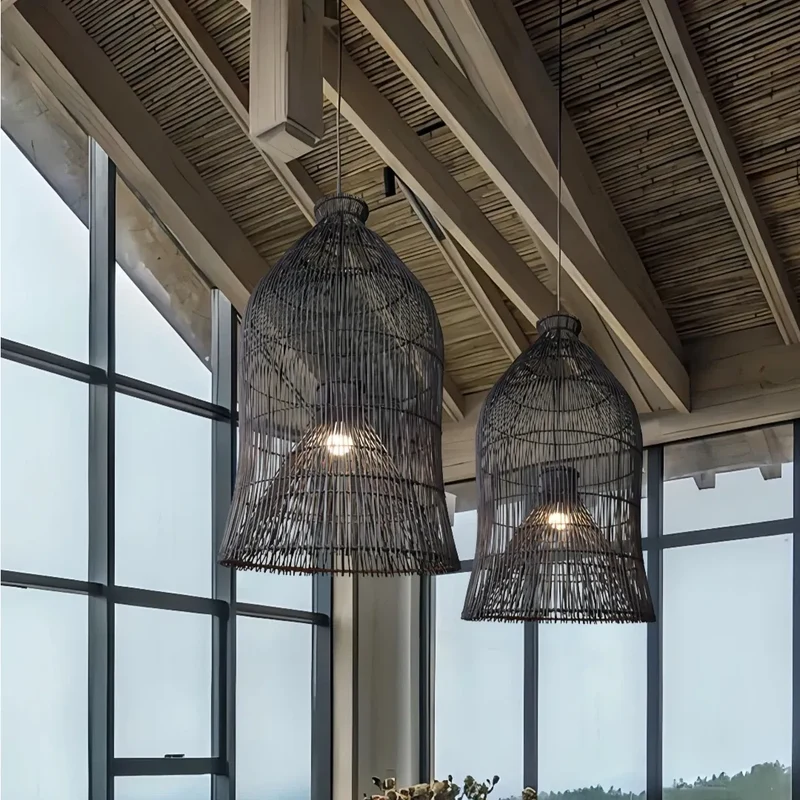 Boho Pendelleuchte aus Rattan im Vogelkäfig-Design für den Esstisch