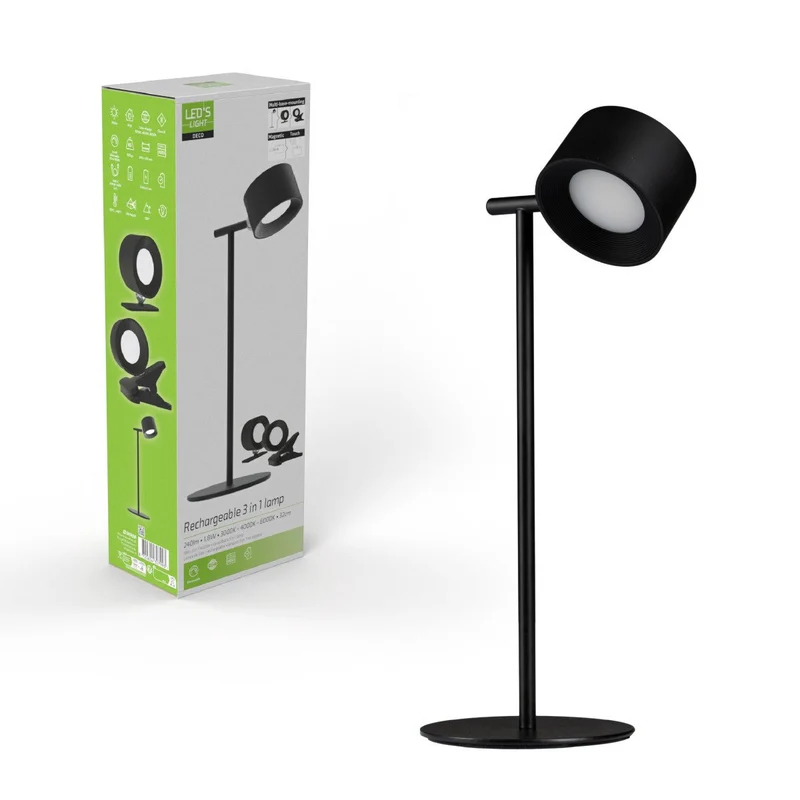 LED's Light 3-in-1 Kabelloser wiederaufladbarer Strahler - Tischleuchte, Klemmleuchte & Wandleuchte - Schwarz