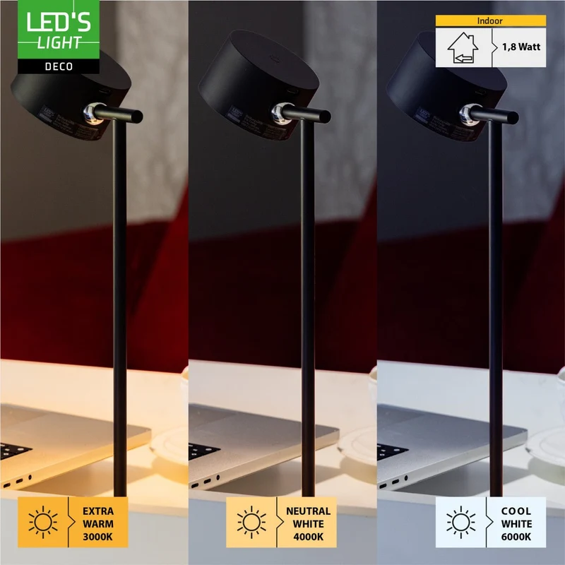 LED's Light 3-in-1 Kabelloser wiederaufladbarer Strahler - Tischleuchte, Klemmleuchte & Wandleuchte - Schwarz