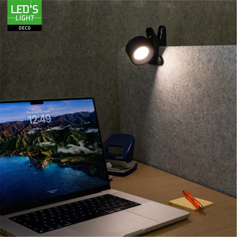 LED's Light 3-in-1 Kabelloser wiederaufladbarer Strahler - Tischleuchte, Klemmleuchte & Wandleuchte - Schwarz