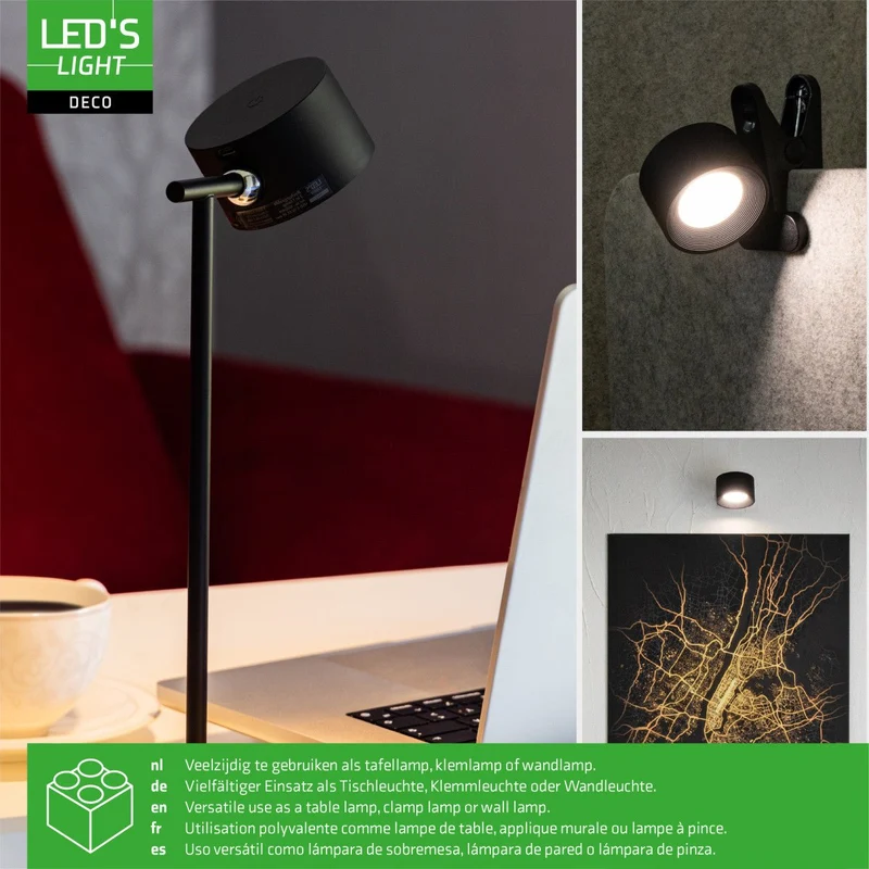 LED's Light 3-in-1 Kabelloser wiederaufladbarer Strahler - Tischleuchte, Klemmleuchte & Wandleuchte - Schwarz