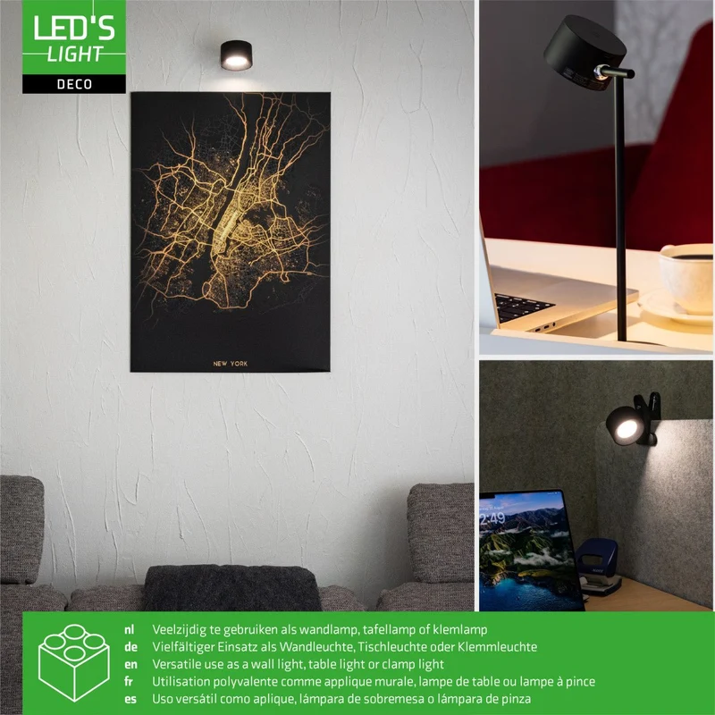 LED's Light 3-in-1 Kabelloser wiederaufladbarer Strahler - Tischleuchte, Klemmleuchte & Wandleuchte - Schwarz