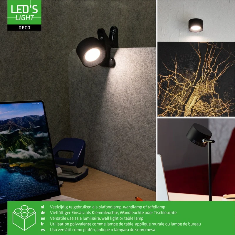 LED's Light 3-in-1 Kabelloser wiederaufladbarer Strahler - Tischleuchte, Klemmleuchte & Wandleuchte - Schwarz