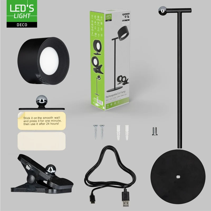 LED's Light 3-in-1 Kabelloser wiederaufladbarer Strahler - Tischleuchte, Klemmleuchte & Wandleuchte - Schwarz