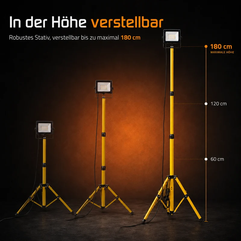 Einzelne LED-Bauleuchte 1x 50W auf Stativ | 4500K – Tageslichtweiß