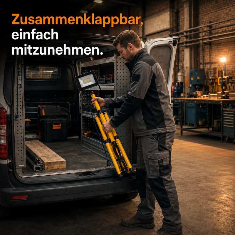 Einzelne LED-Bauleuchte 1x 50W auf Stativ | 4500K – Tageslichtweiß