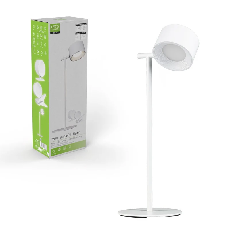 LED's Light 3-in-1 kabellose wiederaufladbare Lampe mit magnetischer Wandhalterung, Sockel und Klemme - Weiß