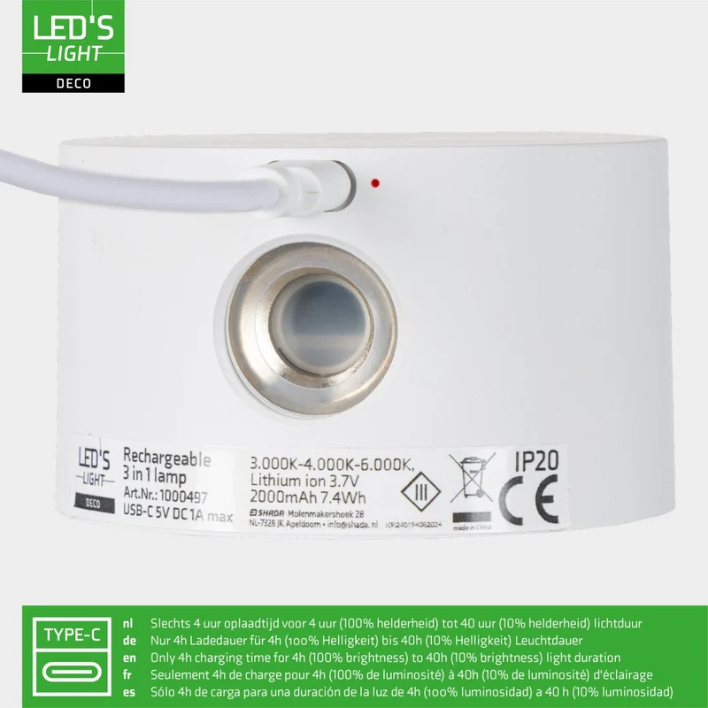 LED's Light 3-in-1 kabellose wiederaufladbare Lampe mit magnetischer Wandhalterung, Sockel und Klemme - Weiß