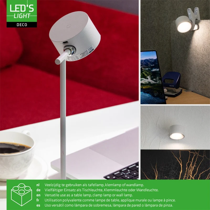 LED's Light 3-in-1 kabellose wiederaufladbare Lampe mit magnetischer Wandhalterung, Sockel und Klemme - Weiß
