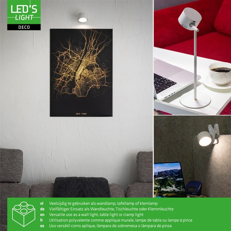 LED's Light 3-in-1 kabellose wiederaufladbare Lampe mit magnetischer Wandhalterung, Sockel und Klemme - Weiß
