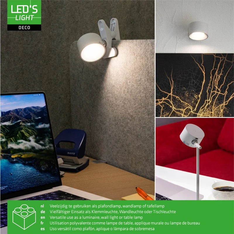 LED's Light 3-in-1 kabellose wiederaufladbare Lampe mit magnetischer Wandhalterung, Sockel und Klemme - Weiß