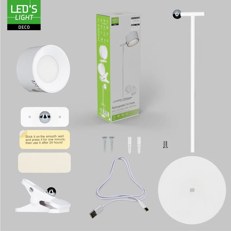 LED's Light 3-in-1 kabellose wiederaufladbare Lampe mit magnetischer Wandhalterung, Sockel und Klemme - Weiß
