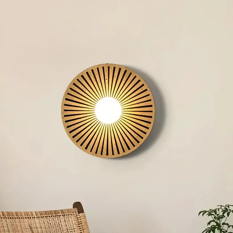 Japandi Wandleuchte Rund für Schlafzimmer, Holzoptik