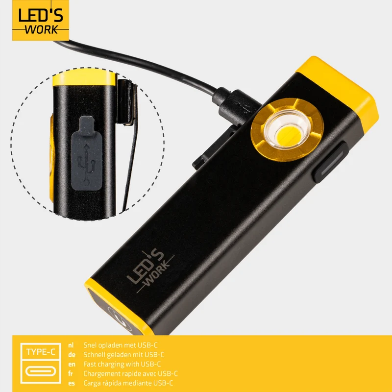 Akku Handlampe LED 300 Lumen - 5000 K, USB-C, Magnet-Clip, 3 Lichtmodi - LED's Work