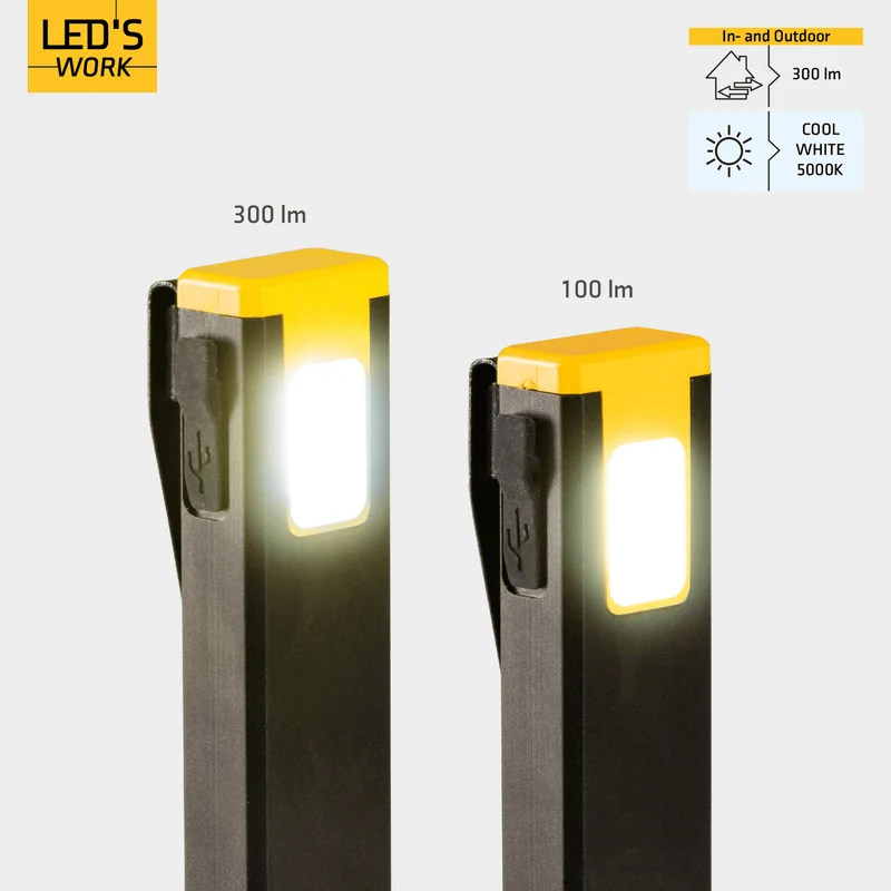 Akku Handlampe LED 300 Lumen - 5000 K, USB-C, Magnet-Clip, 3 Lichtmodi - LED's Work