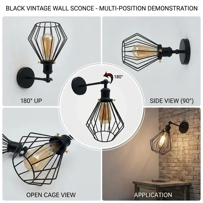 Retro Wandleuchte Käfig MattSchwarz | Verstellbare Wandlampe Flur & Bett~3327