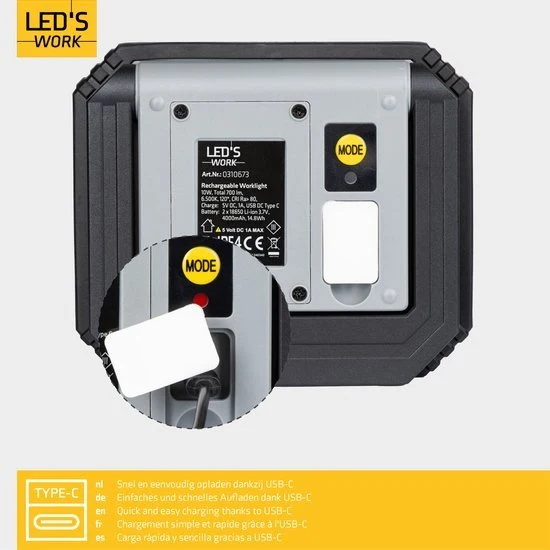 LED Wiederaufladbare Arbeitsleuchte 10W 700lm 6500K kaltweiß IP54 Schwarz - LED's Work