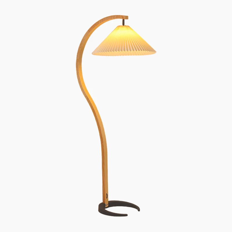 Floor Lamp Modern Arched Curved with Pleated Shade, Wood & Iron