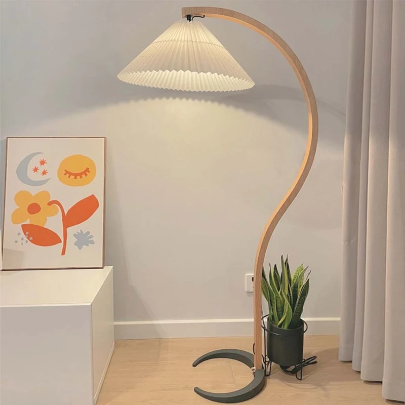 Floor Lamp Modern Arched Curved with Pleated Shade, Wood & Iron