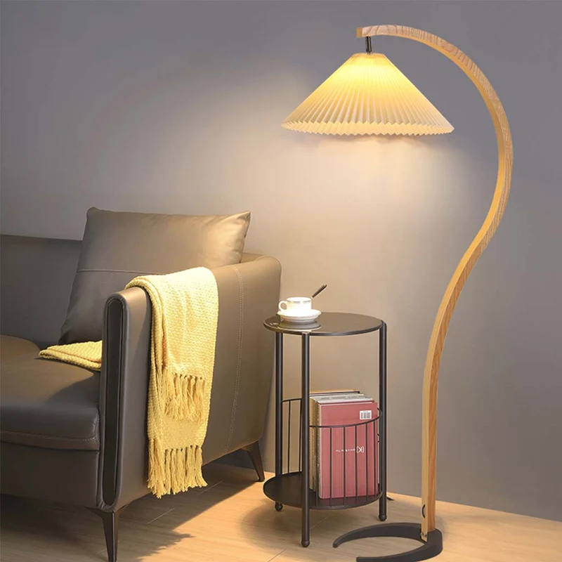 Floor Lamp Modern Arched Curved with Pleated Shade, Wood & Iron