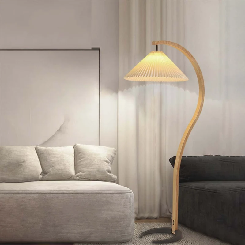 Floor Lamp Modern Arched Curved with Pleated Shade, Wood & Iron