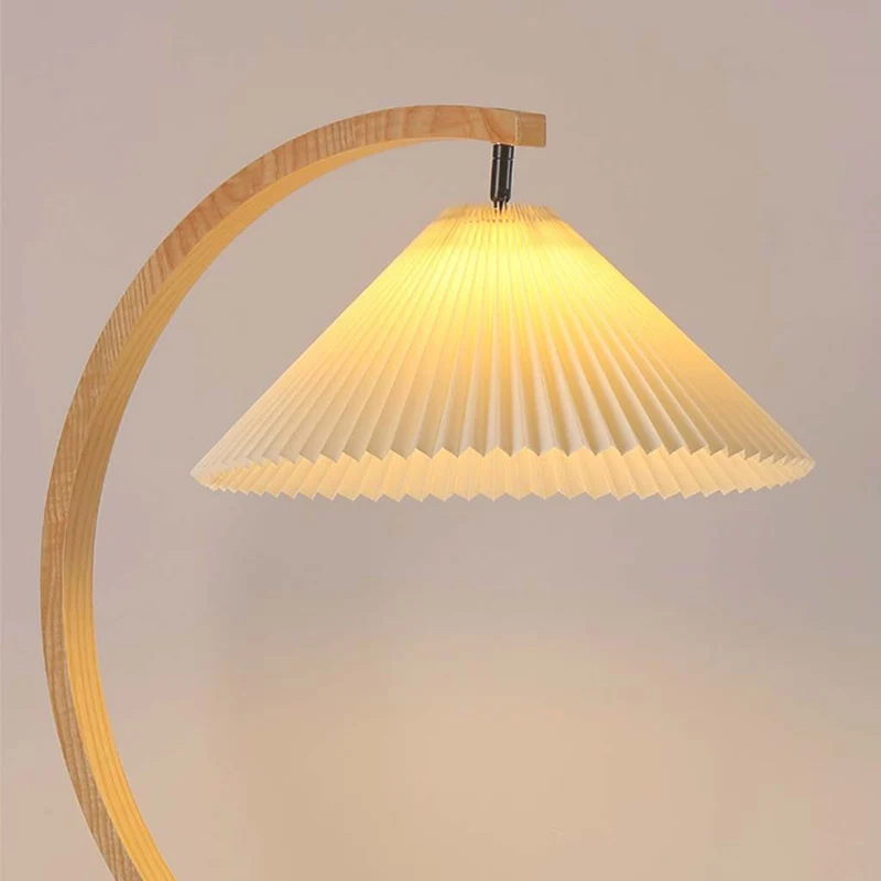 Floor Lamp Modern Arched Curved with Pleated Shade, Wood & Iron